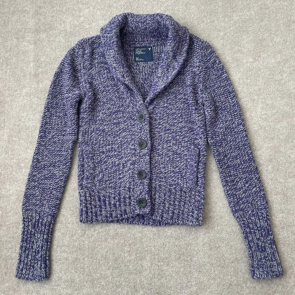 American Eagle Sweater Womens Small Purple Gray Button Cardigan Pockets Cozy - Picture 1 of 9